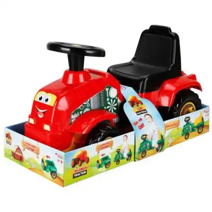 crvena decija guralica u kutiji traktor