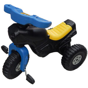 crni tricikl za decu sa plavim i zutim detaljima